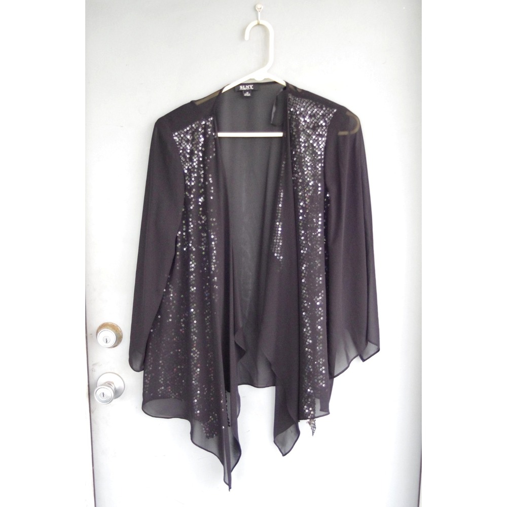 SLNY‎ Nordstrom Black Sequin Panel Chiffon Draped Jacket 16